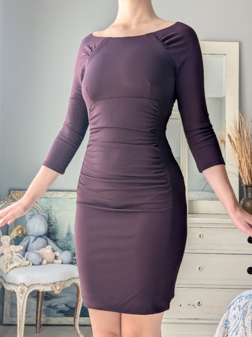 Karen Millen US 2 Ruched Knee-Length Boat Neck Wine Red Workwear Event Dress